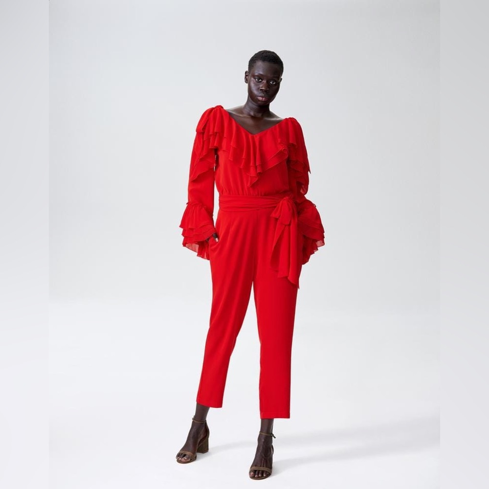 Rodarte x Universal Standard Cold Shoulder Ruffle Jumpsuit Red Women’s Size M